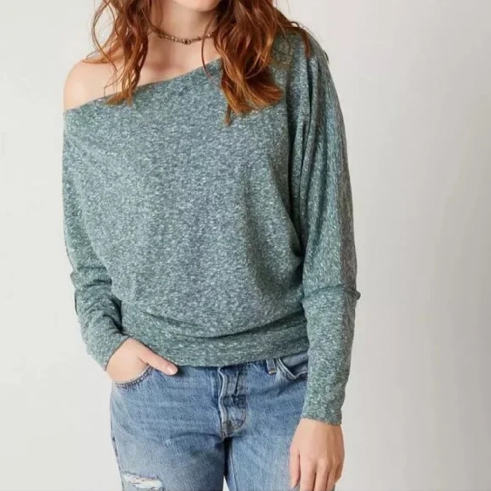 We the Free Valencia Cozy Heathered Green Knit Boatneck Dollman Sleeve Top